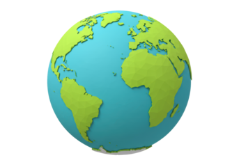 Isolated view of a low-poly Earth globe showing continents and oceans, low resolution