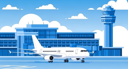 Airport Scene Illustration A Modern Airplane Preparing for Takeoff Amidst Airport Architecture