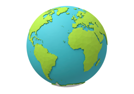 Isolated view of a low-poly Earth globe showing continents and oceans, low resolution