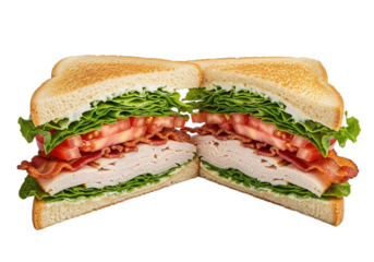 Freshly made turkey bacon sandwich with lettuce and tomato, presented in a split view for appetizing appeal