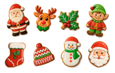 Glazed and Decorated Christmas Cookies Set with Santa, Snowman, Elf, Reindeer, Hat, Candy Cane, Holly