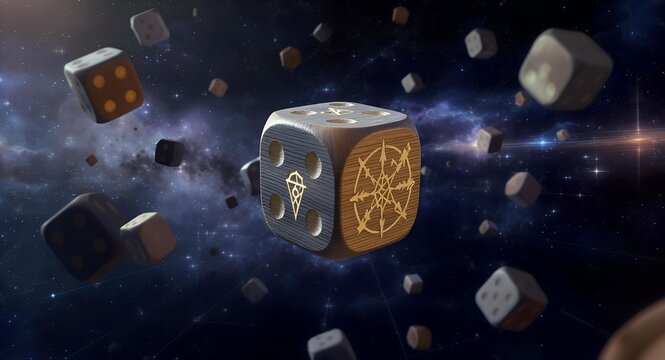 Ornate Dice Floating in Cosmic Space Decision and Chance Concept
