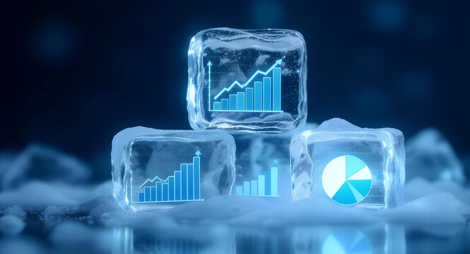 Business Graphs in Glowing Ice Cubes Financial Data Cold Storage Concept