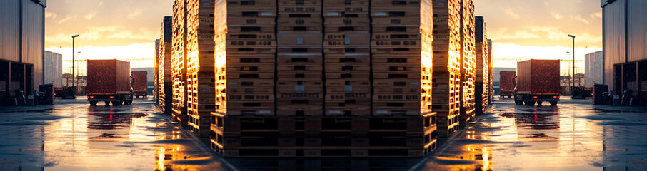 Sunset view of warehouse with stacked pallets and trucks, ideal for logistics, shipping, and industry stock photo/video content. Wide banner for design with copy space