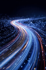 Fototapeta premium Light speed iteration, streamlined light path, and digital particle storm