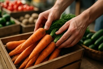 Fresh Carrots in Wooden Crate at Farmers Market