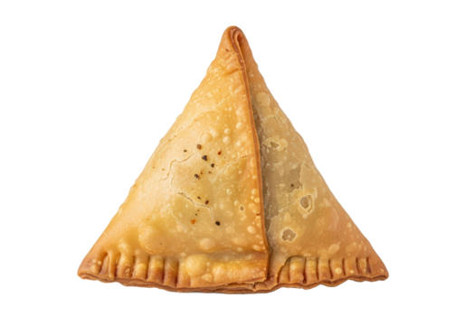 Golden-brown triangular pastry filled with savory ingredients, isolated on a clean background