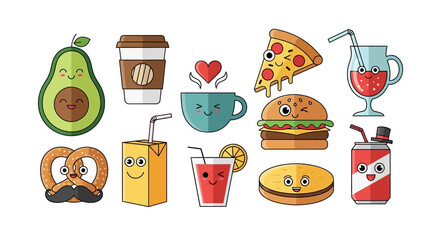 Cartoon Food and Drink Characters with Expressive Faces and Emotions.