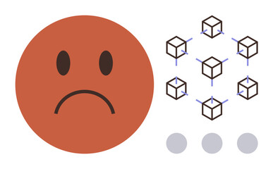 Frowning face beside connected cube structures symbolizing blockchain, highlighting challenges or concerns. Ideal for technology risks, blockchain criticism, emotional response, digital systems, data