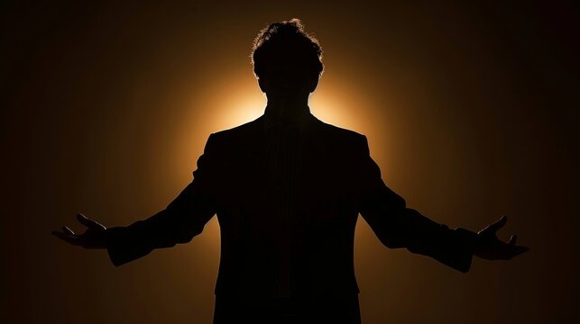Silhouette of a businessperson extending an arm to present a digital object on black background