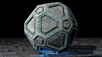 3D rendering of an ancient high tech sphere with glowing light lines hovering over a stylized abstract ground surrounded with ethereal lights