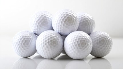 Neatly arranged golf balls on white surface, clean reflections and product-style presentation.