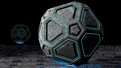 3D rendering of an ancient high tech sphere with glowing light lines hovering over a stylized abstract ground surrounded with ethereal lights