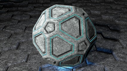 3D rendering of an ancient high tech sphere with glowing light lines hovering over a stylized abstract ground surrounded with ethereal lights