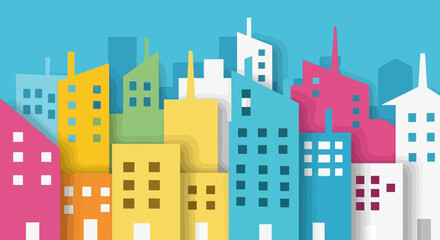 Colorful Cityscape Illustration with Modern Buildings and Urban Design.