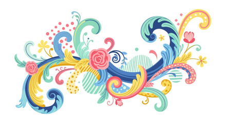 Obraz premium Colorful Floral Ornament with Roses, Swirls, and Decorative Elements.