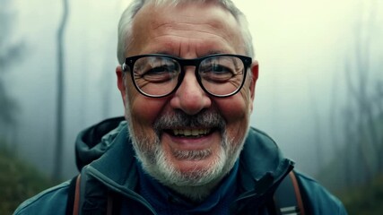 An old smiley Caucasian man with backpack during a hike in a forest. A happy senior man walks along wooded paths, enjoying his hiking journey with a bright smile. - Powered by Adobe