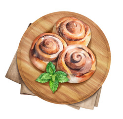 Baked traditional sweet cinnamon rolls. Hand-drawn watercolor illustration