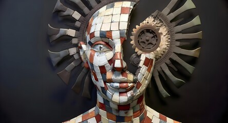 Mosaic Human Head Sculpture with Clockwork Gears, Mechanical Mind and Thought Process