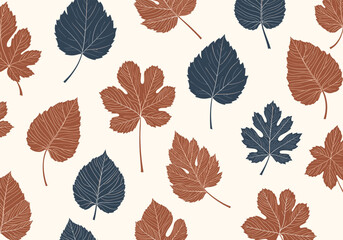 Obraz premium A repeating pattern of brown and blue autumn leaves scattered across a cream background.