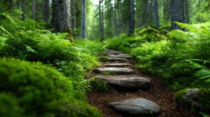Fototapeta premium A serene forest pathway leads through lush green ferns and soft moss, creating a tranquil escape into nature, inviting exploration and a deep connection with the environment.