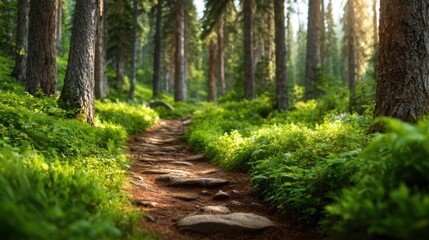 A serene pathway winds through a tranquil forest, with tall trees and verdant foliage creating a peaceful atmosphere ideal for hiking and nature exploration.