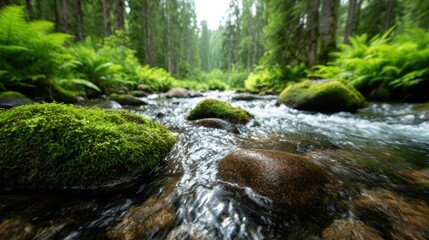 Obraz premium A crystal-clear river flows gently over smooth stones, creating a refreshing natural scene that embodies tranquility and invites viewers to connect with nature.
