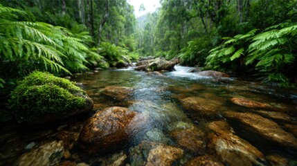 Obraz premium A serene river meandering through a lush green forest, showcasing the vibrant life and tranquility of nature, inviting peace and reflection in a natural oasis.