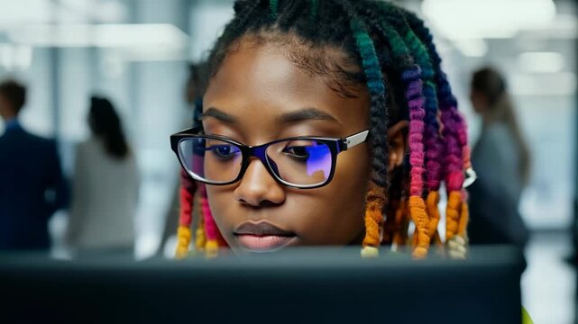 Young African American woman with multi colored dread locks in front of laptop monitor in office. She organizes data on her laptop, her dreadlocks a vivid splash of color in the office.
