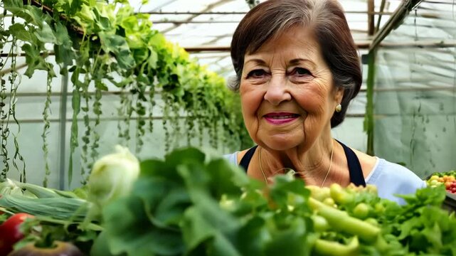 FHD video of a middle aged Caucasian woman with her garden vegetable crop. Standing beside her vibrant vegetable crop, the woman showcases the results of her hard work and care.
