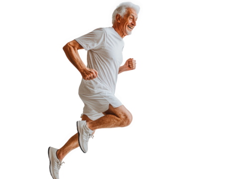 An elderly man in midair, joyfully running with a determined expression, isolated on transparent background his active lifestyle and positive attitude shine through in this dynamic shot