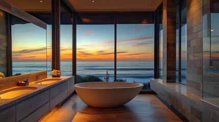 Obraz na płótnie Canvas A bathtub in a bathroom with a view of the ocean