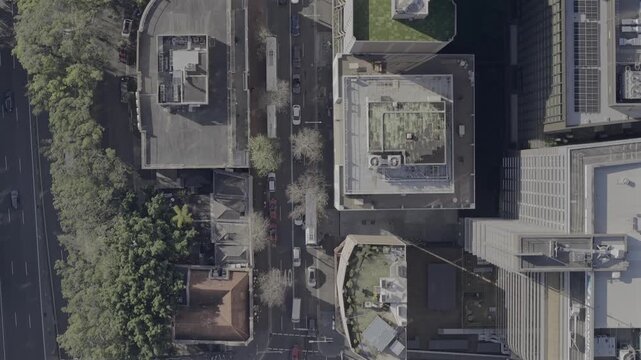 Drone flyover from behind Barangaroo going north up Sussex Street from above