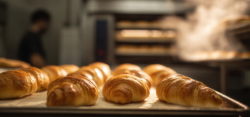 Freshly baked croissants cooling in a warm bakery with steam rising in the background during early morning hours