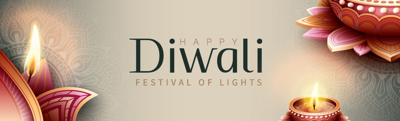 Happy Diwali festival with oil lamp, Rangoli decoration with Diya, Diwali holiday Background with rangoli, Diwali celebration greeting card,vector.