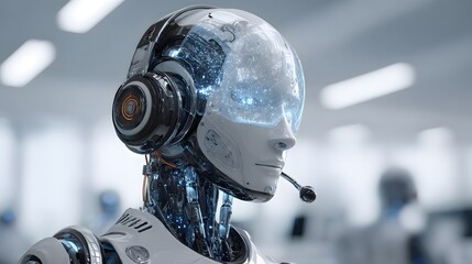 AI powered call center with holographic interface futuristic