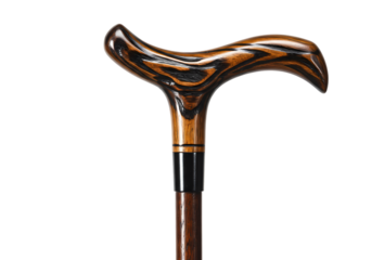 Closeup of an Ornate Wooden Walking Cane with Unique Handle Design isolated on transparent background