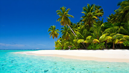 Obraz premium Tropical paradise with turquoise water and palm trees on a white sand beach under a clear blue sky a perfect vacation spot