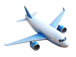 Modern white passenger airplane with blue accents flying high above