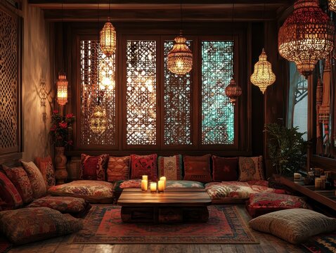 A living room with a couch, coffee table, and a chandel