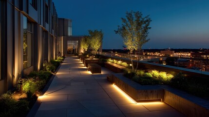 A long walkway with lights on it