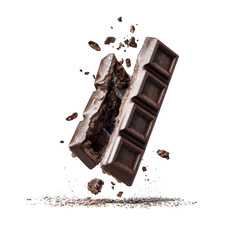 Chocolate bar breaking into pieces with cocoa powder splash