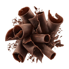 Chocolate curls and shavings isolated on white background