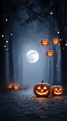 Spooky Halloween Night with Glowing Jack-O'-Lanterns Hanging in Dark Forest Under Full Moonlight