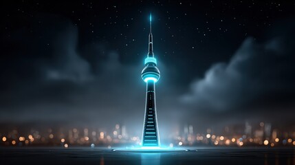 Obraz premium Futuristic Tower with Glowing Lights Against Starry Night Sky in Urban Landscape