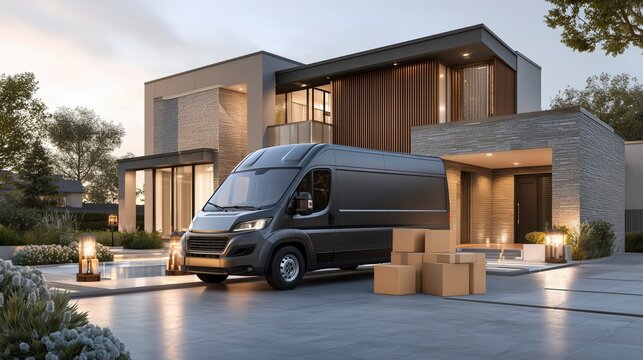 Photo of an electric delivery van unloading packages in front of a modern house, eco-friendly logistics concept, sustainable urban delivery scene, realistic vehicle and home environment