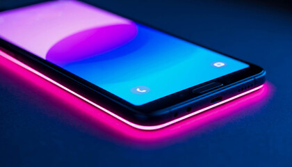 Close-up shot from below of a black smartphone lying on a dark surface, casting a futuristic neon pink and blue glow.