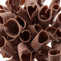 Pile of chocolate curls and shavings arranged close together