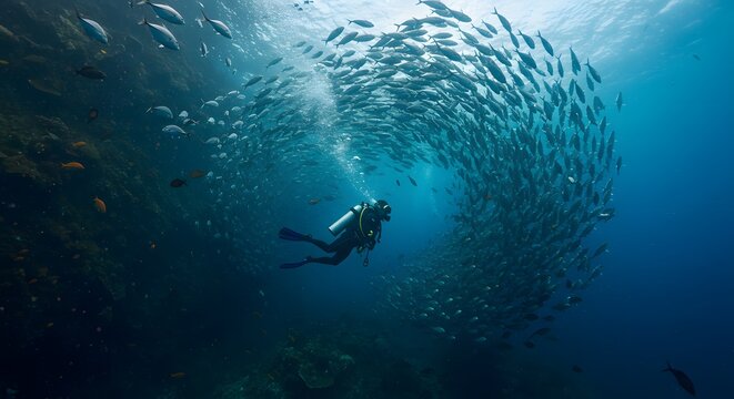 Scuba Diver Swimming Through Large School of Fish in Ocean Underwater Scene