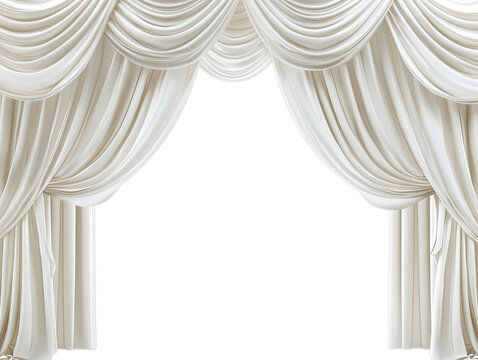 Elegant white draped swag curtains with a transparent background